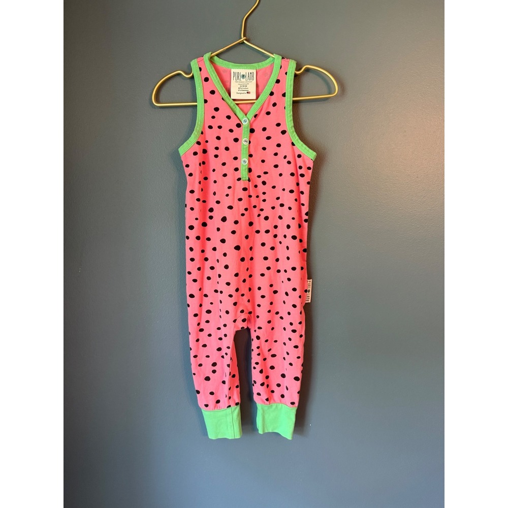 Purl Lamb Pink Watermelon Polka Dot Sleeveless Romper Henley 12/18M